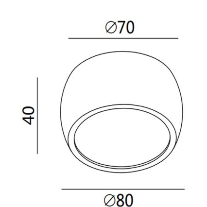 Technický výkres stropného svietidla s priemerom 80 mm a výškou 40 mm. Svietidlo má zaoblený tvar s vnútorným kruhom s priemerom 70 mm.