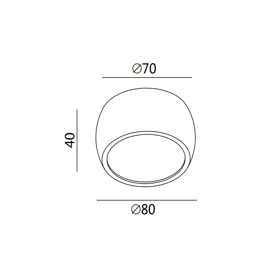 Technický výkres stropného svietidla s priemerom 80 mm a výškou 40 mm. Svietidlo má zaoblený tvar s vnútorným kruhom s priemerom 70 mm.