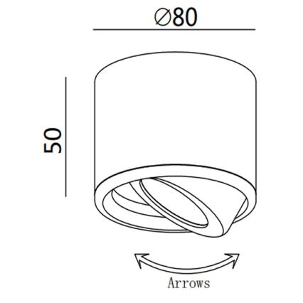 Svietidlo s priemerom 80 mm a výškou 50 mm otáčavým mechanizmom. Šípky znázorňujú pohyb.