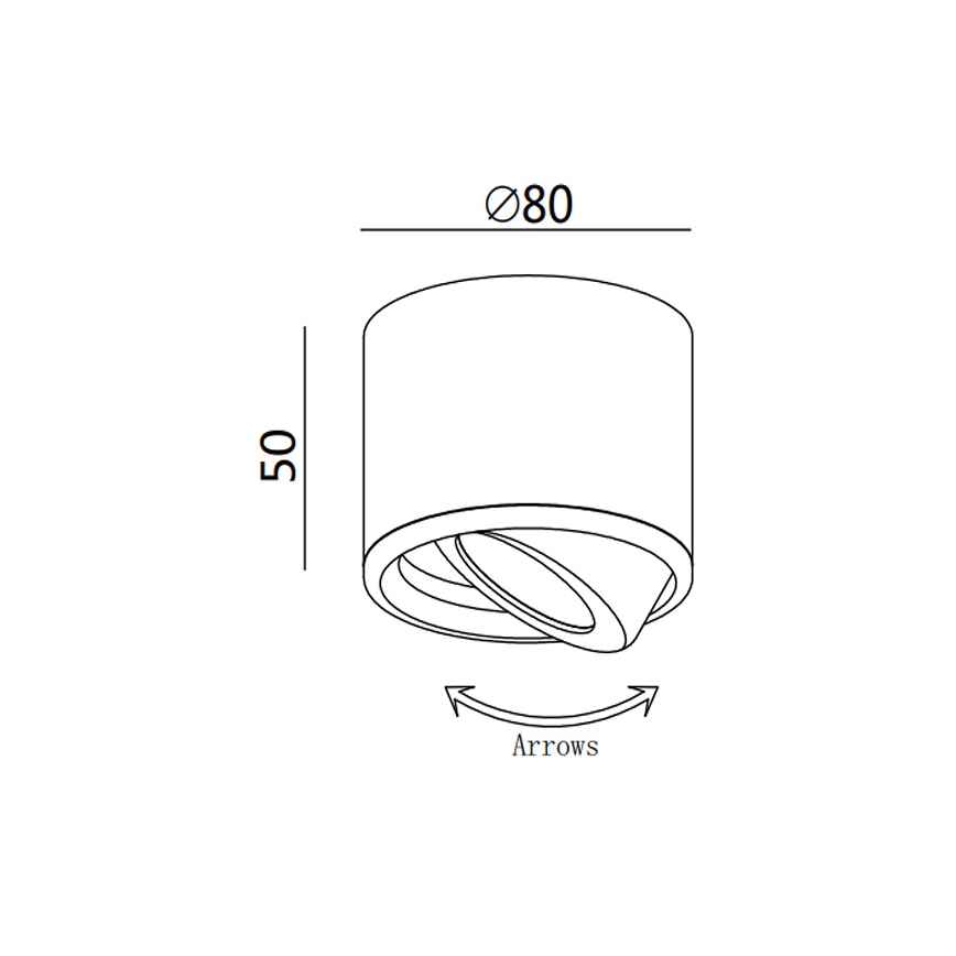 Svietidlo s priemerom 80 mm a výškou 50 mm otáčavým mechanizmom. Šípky znázorňujú pohyb.