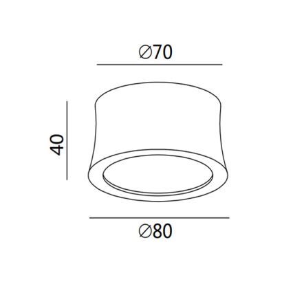 Svietidlo s valcovitým tvarom je znázornené v technickom výkrese. Má priemer 80 mm a výšku 40 mm. Vonkajší priemer je 70 mm.