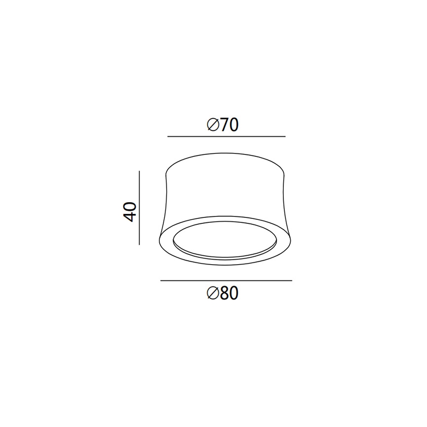 Svietidlo s valcovitým tvarom je znázornené v technickom výkrese. Má priemer 80 mm a výšku 40 mm. Vonkajší priemer je 70 mm.