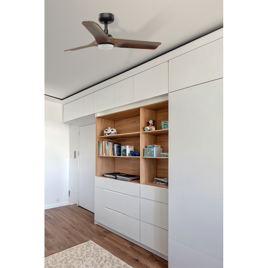 FARO 33806WT1S - LED stmievateľný stropný ventilátor HEYWOOD S LED/10W/230V 2700/3000/4000K pr. 90 cm drevo/čierna Wi-Fi Tuya + diaľkové ovládanie