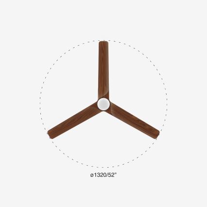 Trový stropný ventilátor s troma hnedými lopatkami a bielym stredom sa nachádza v strede obrázka. Priemer ventilátora je 1320/52.