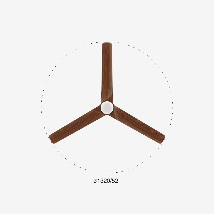 Trový stropný ventilátor s troma hnedými lopatkami a bielym stredom sa nachádza v strede obrázka. Priemer ventilátora je 1320/52.