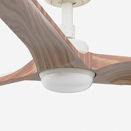 Drevený stropný ventilátor s tromi lopatkami rotuje. Má biely kryt svetla. Ventilátor je namontovaný na bielom držiaku.