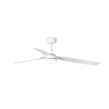 Biely stropný ventilátor s tromi lopatkami a zabudovaným svetlom sa nachádza proti bielemu pozadiu. Ventilátor je umiestnený v strede obrázka.