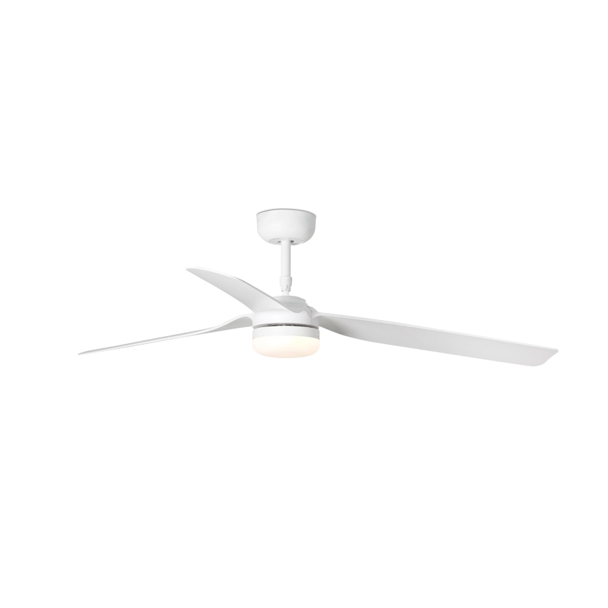 Biely stropný ventilátor s tromi lopatkami a integrovaným svetlom sa otáča. Je umiestnený na bielom pozadí.