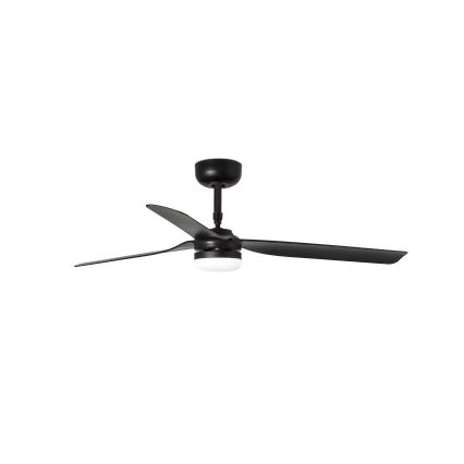 Čierny stropný ventilátor s tromi lopatkami a integrovaným LED osvetlením je zobrazený na bielom pozadí. Ventilátor je v statickom stave.
