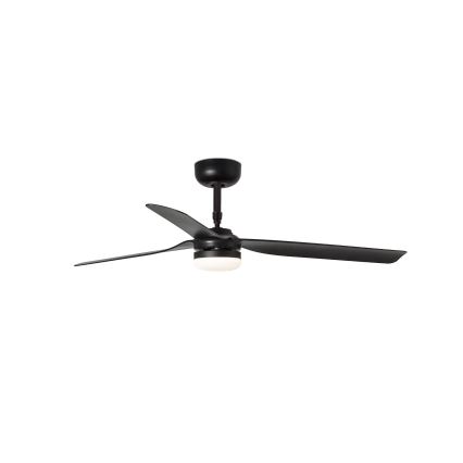 Čierny stropný ventilátor s tromi lopatkami a integrovaným LED osvetlením je zobrazený na bielom pozadí. Ventilátor je v statickej polohe.
