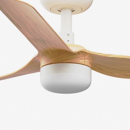 Drevený stropný ventilátor s bielym krytom motora rotuje. Jeho lopatky sú z dreva svetlohnedej farby. Ventilátor je zobrazený na bielom pozadí.