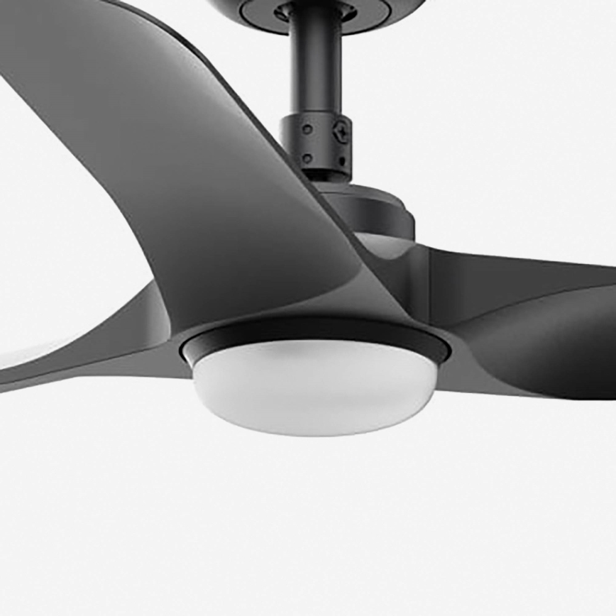 Čierny stropný ventilátor s tromi lopatkami sa otáča. Má zabudované svetlo s mliečnym difúzorom. Ventilátor je pripevnený k stropu čiernym držiakom.