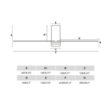 Technický výkres stropného ventilátora s rozmermi: A 207/8.15, A1 145/5.71, B 145/5.71, C 156/6.14, D 145/5.7, E 120/4.72, F ø1300/51.2, G 640/25.2.