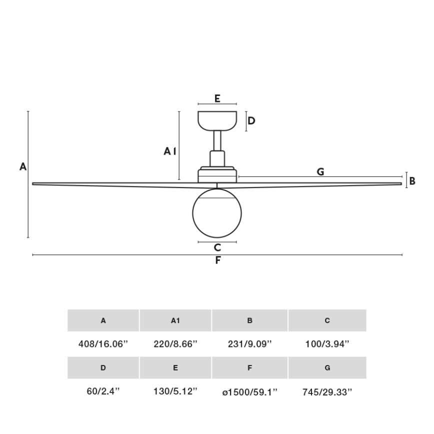 Technický výkres stropného ventilátora s dvoma lopatkami a guľovitou ozdobou. Rozmery sú uvedené v palcoch a milimetroch: A 408/16.06, A1 220/8.66, B 231/9.09, C 100/3.94, D 60/2.4, E 130/5.12, F Ø1500/59.1, G 745/29.33.