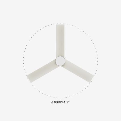 Trojlistý stropný ventilátor s bielymi lopatkami sa nachádza v strede obrázka. Priemer ventilátora je 1060/41.7.