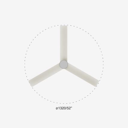 Trojramenný stropný ventilátor s bielymi lopatkami a strieborným stredom. Priemer ventilátora je 1320/52.