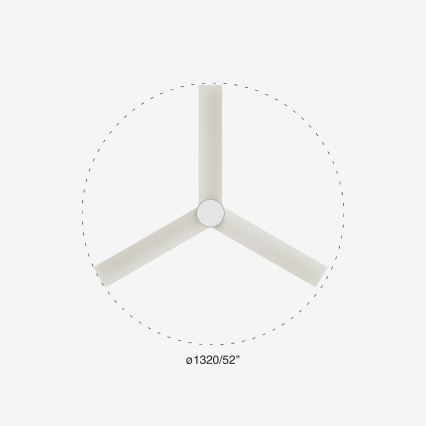 Trojlistý stropný ventilátor s bielym stredom a svetlosivými lopatkami je zobrazený zhora. Je obsiahnutý v prerušovanej kružnici s priemerom Ø1320/52.