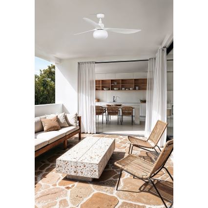 FARO 34363WT-11L - Stropný ventilátor OUTWOOD L 1xE27/15W/230V biela+ pr. 150 cm Wi-Fi Tuya IP44 + diaľkové ovládanie