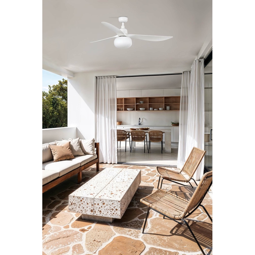 FARO 34363WT-11L - Stropný ventilátor OUTWOOD L 1xE27/15W/230V biela+ pr. 150 cm Wi-Fi Tuya IP44 + diaľkové ovládanie