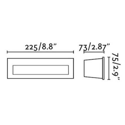 Svietidlo s rozmermi 225/8.8 a 75/2.9 je znázornené s vnútorným otvorom. Ďalšie svietidlo má rozmery 73/2.87. Technická schéma zobrazuje rozmery v palcoch a milimetroch.
