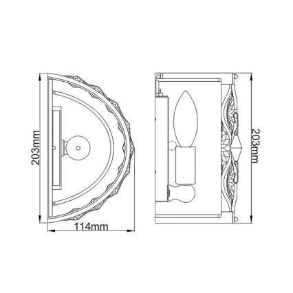 Nástená lampa s rozmermi 203 x 114 mm je znázornená v čelnom a bočnom pohľade. Lampa má polkruhový tvar s ozdobným lemovaním. Vnútorná konštrukcia ukazuje umiestnenie žiarovky.