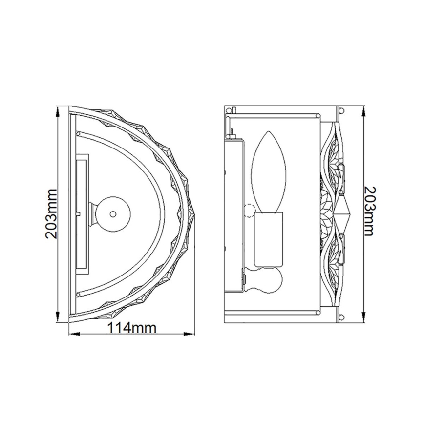 Nástená lampa s rozmermi 203 x 114 mm je znázornená v čelnom a bočnom pohľade. Lampa má polkruhový tvar s ozdobným lemovaním. Vnútorná konštrukcia ukazuje umiestnenie žiarovky.