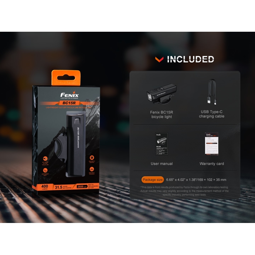 Fenix BC15R - LED Stmievateľné nabíjacie svietidlo na bicykel LED/USB IP66 400 lm 31,5 h
