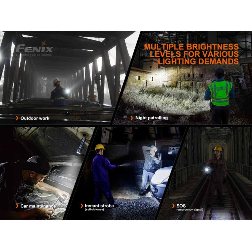 Ľudia používajú baterku FENIX v rôznych situáciách: pri vonkajších prácach, nočnej hliadke, oprave auta, sebaobrane a núdzových signáloch. Baterka ponúka viacero úrovní jasu.