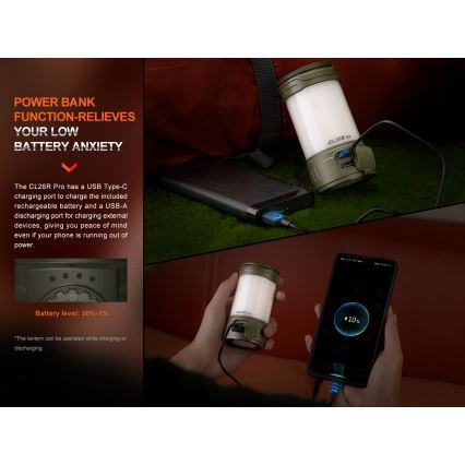Fenix CL26RPROCAM - LED Stmievateľná prenosná nabíjacia lampa LED/USB IP66 650 lm 408 h šedá