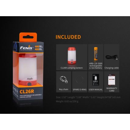 Fenix CL26RRED - LED Stmievateľná prenosná nabíjacia lampa LED/USB IP66 400 lm 400 h oranžová