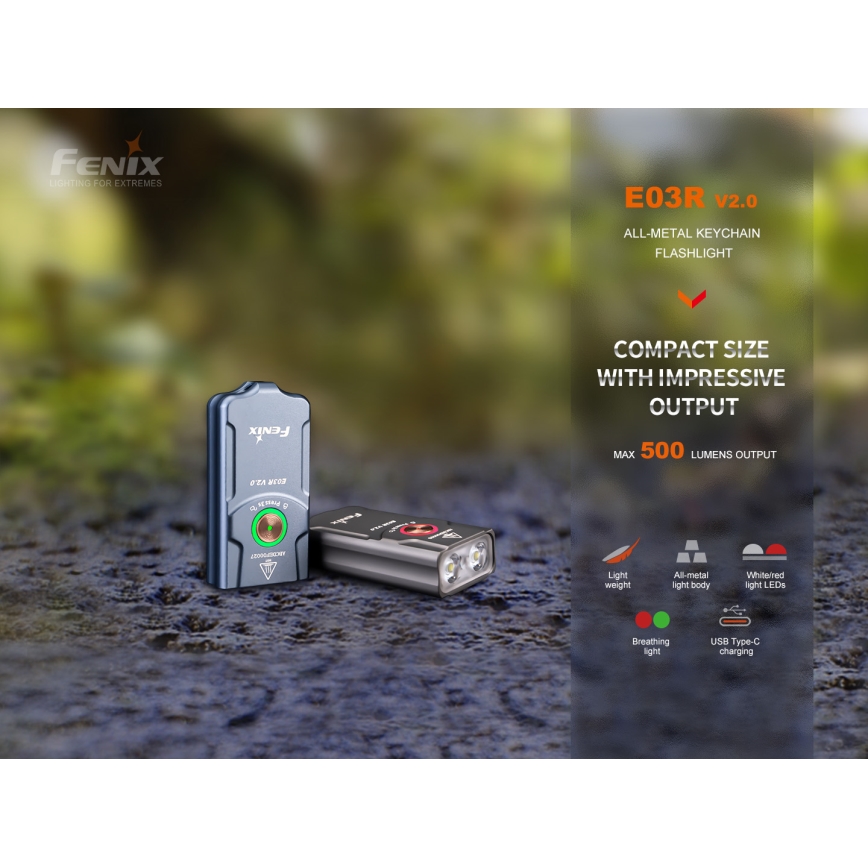 Fenix E03RV20BLU - LED nabíjacia baterka LED/USB IP66 500 lm 30 h 400 mAh