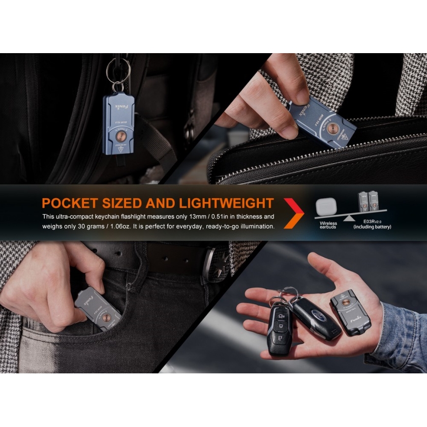 Fenix E03RV20BLU - LED nabíjacia baterka LED/USB IP66 500 lm 30 h 400 mAh