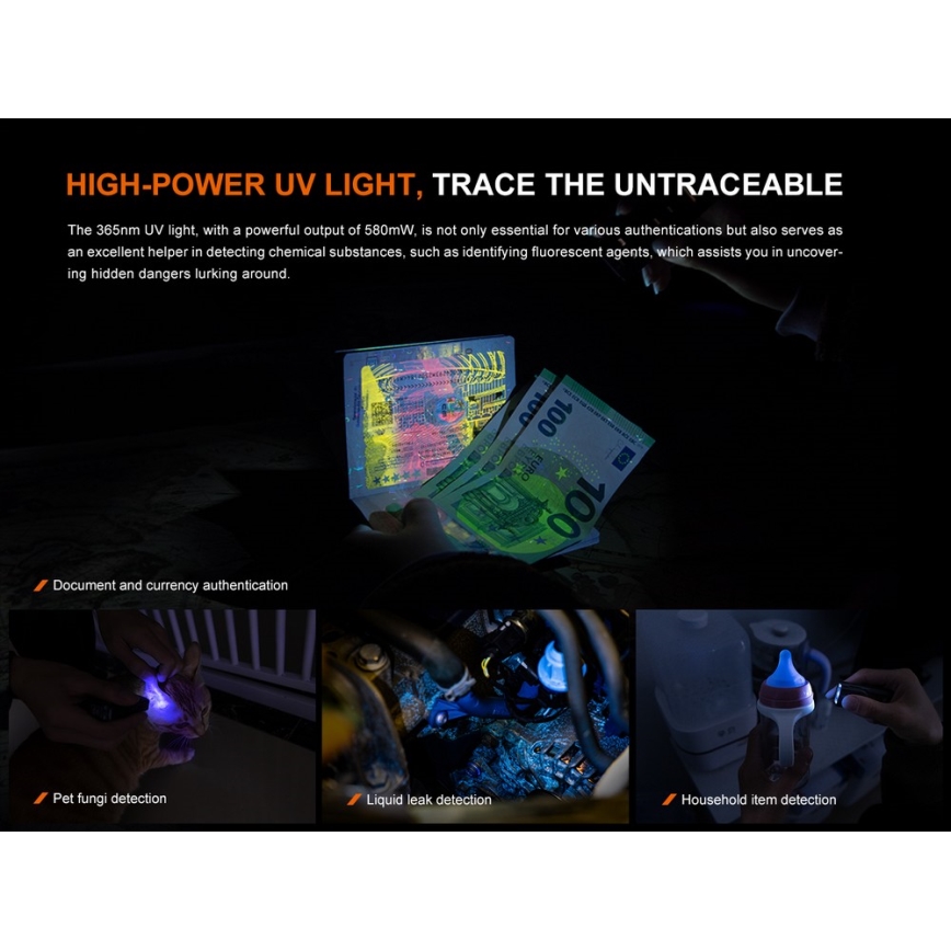 Fenix E06RTKS - LED Stmievateľná nabíjacia baterka UV LED/USB IP66 700 lm 60 h tyrkysová