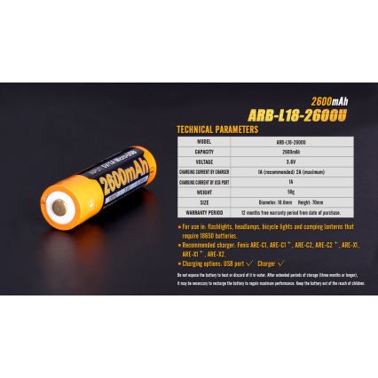 Li-iónová batéria s kapacitou 2600 mAh leží na bielom pozadí. Technické parametre uvádzajú model ARB-L18-2600U, napätie 3,6V a rozmery 18,6 mm x 70 mm. Odporúčané nabíjačky sú Fenix ARE-C1, ARE-C1+, ARE-C2, ARE-C2+, ARE-X1, ARE-X1+, ARE-X2.