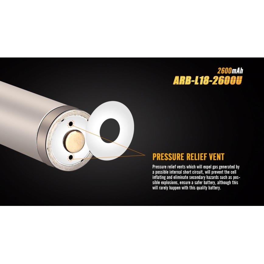 Batéria ARB-L18-2600U s kapacitou 2600 mAh ukazuje bezpečnostný ventil. Ventil uvoľňuje plyn pri skrate, čím zabraňuje explózii. Ventil je viditeľný na detailnom zábere batérie.