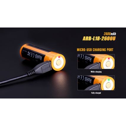 Batéria ARB-L18-2600U s kapacitou 2600 mAh sa nabíja cez micro-USB. Indikátor svieti červeno pri nabíjaní a zeleno po úplnom nabití.