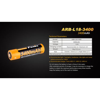 Fenix FE18650LI34 - 1 ks Nabíjateľný lítium-iónový akumulátor 18650/3,6V 3400 mAh