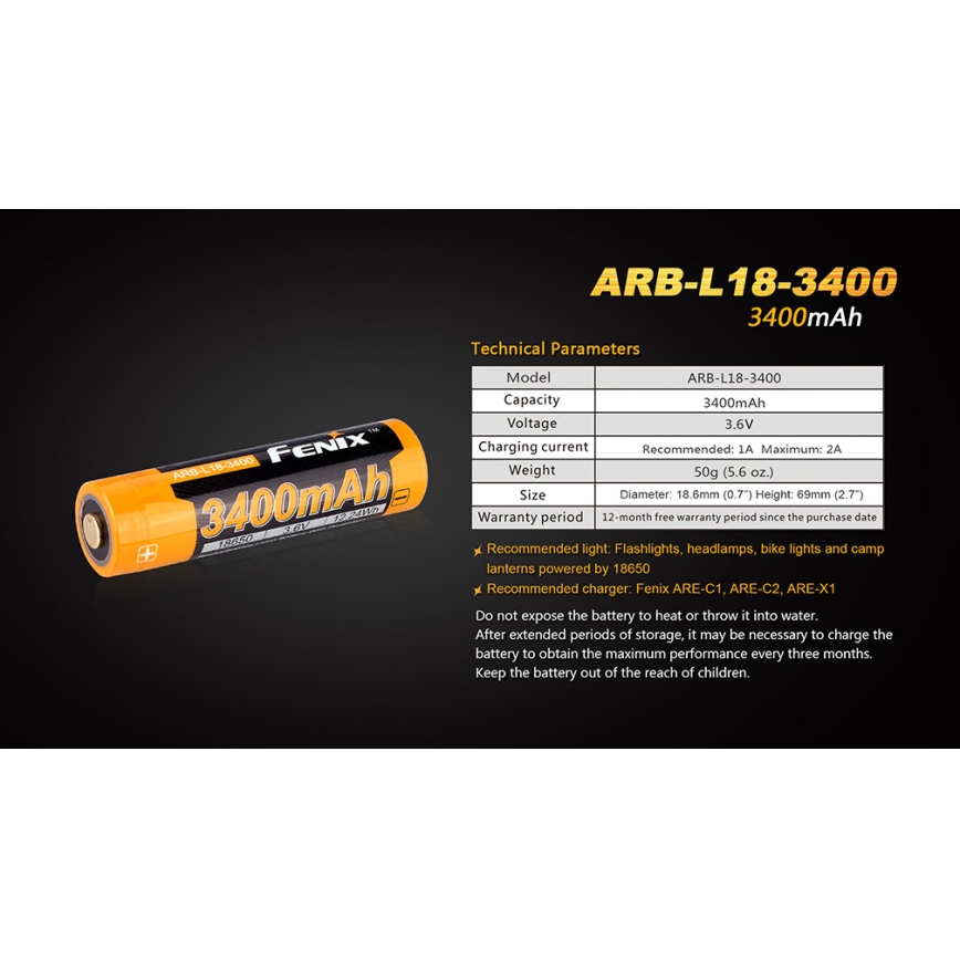 Fenix FE18650LI34 - 1 ks Nabíjateľný lítium-iónový akumulátor 18650/3,6V 3400 mAh