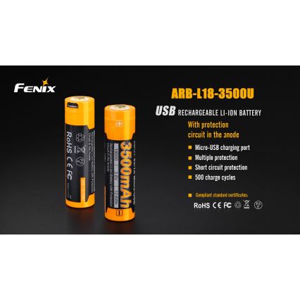 Dve nabíjacie Li-ion batérie Fenix ARB-L18-3500U s kapacitou 3500 mAh a ochranným obvodom v anóde sú zobrazené na tmavom pozadí. Batérie majú Micro-USB port, viacnásobnú ochranu a vydržia 500 nabíjacích cyklov. Sú certifikované RoHS, CE, FC a PS.