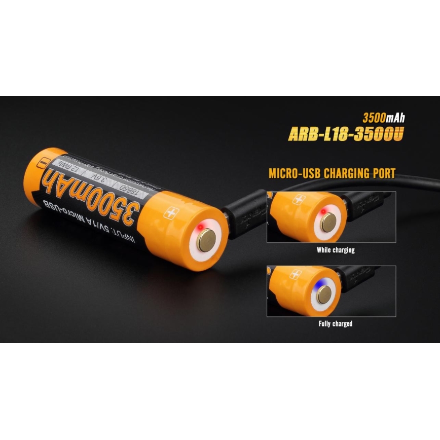 Nabíjateľná batéria ARB-L18-3500U s kapacitou 3500mAh sa nabíja cez micro-USB port. Indikátor svieti červenou počas nabíjania a modrou po úplnom nabití.
