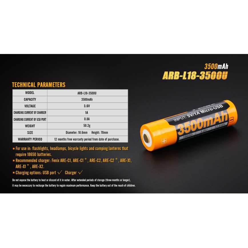 Li-ion batéria ARB-L18-3500U s kapacitou 3500 mAh, napätím 3,6 V a hmotnosťou 50,2 g. Používa sa vo svietidlách, čelovkách a bicyklových svetlách. Doplňujúce informácie o nabíjaní a odporúčaných nabíjačkách sú uvedené v texte.
