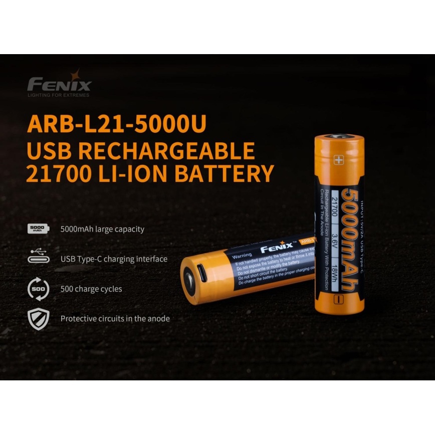 Fenix FE21700USB - 1ks Nabíjateľná batéria USB/3,6V 5000 mAh