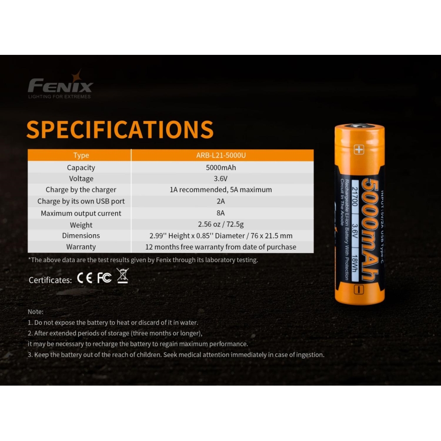 Fenix FE21700USB - 1ks Nabíjateľná batéria USB/3,6V 5000 mAh