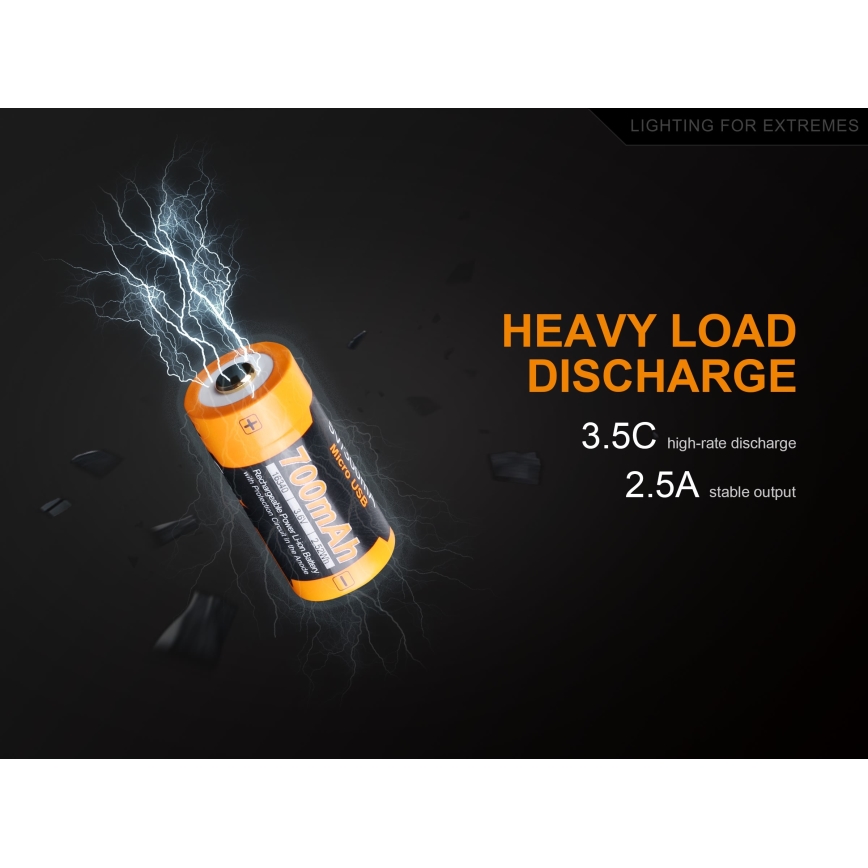 Batéria s kapacitou 700mAh sa vznáša na tmavom pozadí, obklopená bleskami. Text uvádza: HEAVY LOAD DISCHARGE 3.5C high-rate discharge 2.5A stable output a LIGHTING FOR EXTREMES.