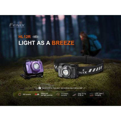 Fenix HL12RV20BLC - stmievaľná dobíjateľná čelovka LED/USB 950 mAh IP66 500 lm 112 h čierna