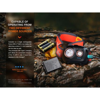 Fenix HL32RTBLCK - LED Nabíjacia čelovka LED/USB/3xAAA IP66 800 lm 300 h 1900 mAh čierna/oranžová