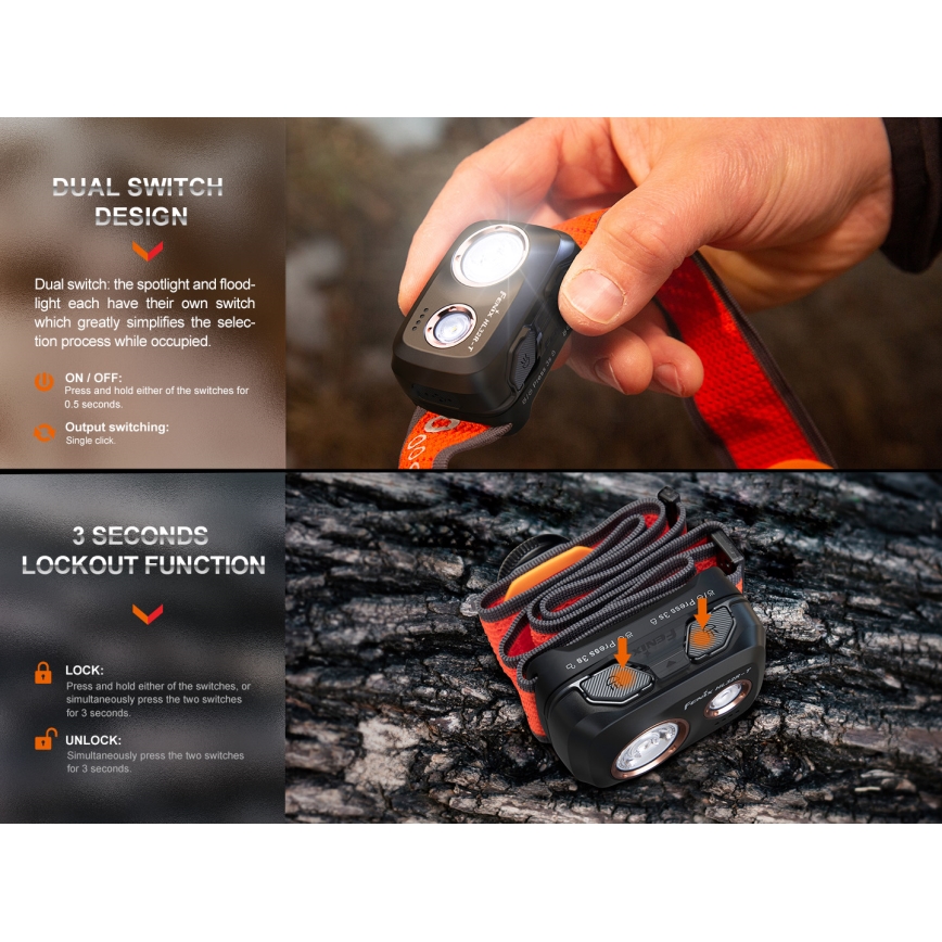 Fenix HL32RTBLCK - LED Nabíjacia čelovka LED/USB/3xAAA IP66 800 lm 300 h 1900 mAh čierna/oranžová