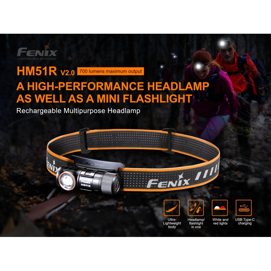 Fenix HM51RV20 - LED Nabíjacia čelovka 3xLED/1xCR123A/USB IP68 700 lm 120 h 700 m