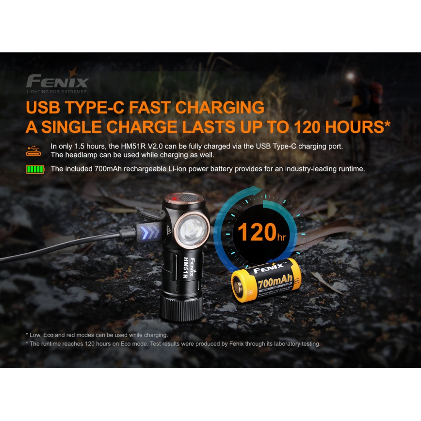 Fenix HM51RV20 - LED Nabíjacia čelovka 3xLED/1xCR123A/USB IP68 700 lm 120 h 700 m