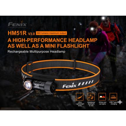 Fenix HM51RV30 - LED stmievateľná nabíjateľná čelovka LED/USB/1xCR123A 950 mAh IP68 860 lm 125 h oranžová